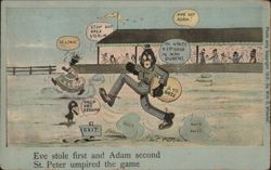 Comic Baseball Game with Adam, Eve, and St. Peter Umpiring Postcard