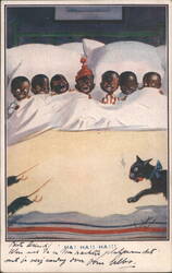 Seven Black Children Laughing in Bed with Cat and Mice Postcard