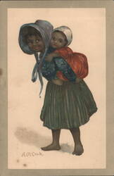 Young Black Girl Carrying Baby on Back, A.M. Cook Art Postcard