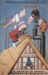 Black Americana Children on Thatched Roof with Wireless Antenna Postcard