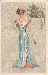A Joyful Christmas Elegant Woman in Blue Dress, Art Nouveau Style Postcard