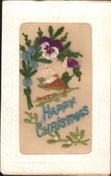 Embroidered "Happy Christmas" with Pansies, Forget-Me-Nots & Cottage, 1918 Postcard