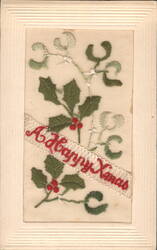 Embroidered A Happy Xmas Holly and Mistletoe Greeting Postcard