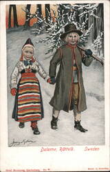 Swedish Children in Traditional Dalarna Costumes in Snowy Forest Postcard