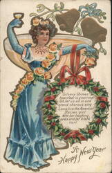 Beautiful Lady in Blue Dress with Champagne Toast, New Year's Greeting Postcard