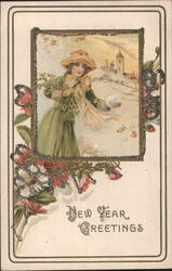 A New Year Greeting - Woman with Snowball, Glitter Postcard