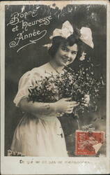 Bonne et Heureuse Année 1907 Woman with Mistletoe Bouquet Postcard