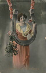 New Year Greetings with Woman, Horseshoe, Roses, Clover & Mistletoe Postcard