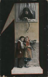 Happy New Year with Large Number 1, Woman in Window, and Children in Snow Postcard