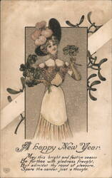 Beautiful Lady with Clover & Mistletoe, Happy New Year Greeting, 1912 Postcard