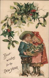 Children with Holly & Mistletoe, New Year's Greeting Postcard