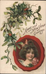 Christmas & New Year Greetings with Young Girl in Wax Seal, Holly & Mistletoe Postcard