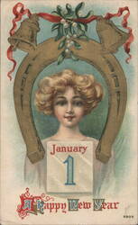 Young Woman in Horseshoe with Mistletoe and Bells, January 1, A Happy New Year Postcard