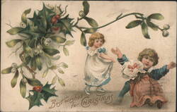 Children with Holly and Mistletoe, Best Wishes for Christmas Postcard