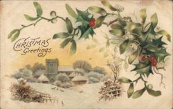Christmas Greetings Winter Village Scene with Church, Holly & Mistletoe Postcard
