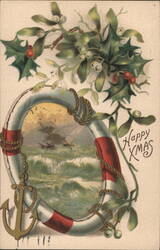 Happy XMAS Lifebuoy, Anchor, Holly, Mistletoe, Rough Seas Scene Postcard