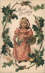 Merry Christmas Girl with Holly & Mistletoe, From Grandpa Postcard