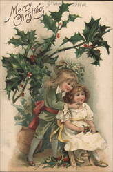 Merry Christmas Greeting with Children and Holly Postcard