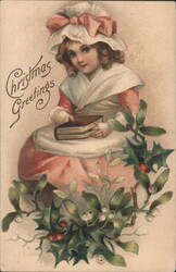 Christmas Greetings Little Girl in Bonnet with Holly & Mistletoe Postcard