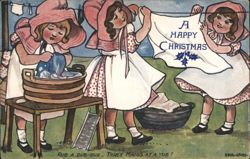 Three Maids at a Tub, Rub-a-Dub-Dub, A Happy Christmas Greeting Postcard
