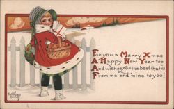 Girl in Winter Coat with Apples & Gift, Merry Christmas & Happy New Year Postcard