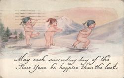 New Year's Greeting: Nude Cherubic Children Ice Skating in Snowy Mountain Scene Postcard