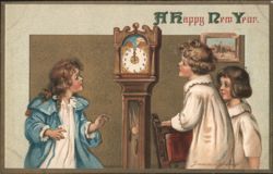 Children Awaiting Midnight on New Year's Eve with Grandfather Clock Postcard
