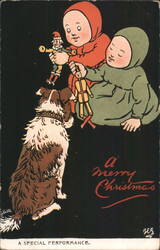 A Merry Christmas: Children Playing with Toys for Dog, Billette & BES Art Postcard