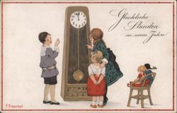 Children with Grandfather Clock, Happy New Year's Greeting Postcard