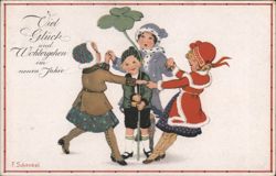 New Year's Greeting with Dancing Children and Four-Leaf Clover by F. Schenkel Postcard