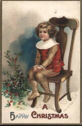 Young Child in Red Outfit on Chair with Holly, A Happy Christmas Postcard