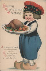 Smiling Girl in Clogs Holding Christmas Turkey Platter, Ellen Clapsaddle Art Postcard