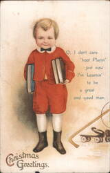 Young Boy with Books, "Learn to be a Great and Good Man", Christmas Greetings Postcard
