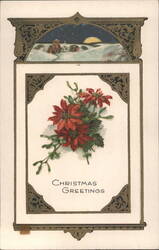 Christmas Greetings Poinsettias Snowy Scene Ornate Frame Postcard