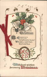 Christmas Bells and Holly Greeting with Red Ribbon Postcard