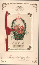 Christmas Greetings Wreath with Poinsettias Holly and Red Ribbon Postcard