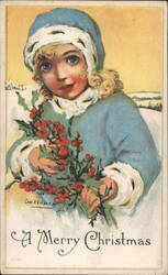 Young Girl in Blue Winter Coat with Holly, A Merry Christmas Postcard