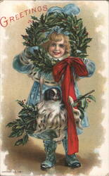 1909 Child in Blue with Holly Wreath, Dog, and Red Bow, Holiday Greetings Postcard