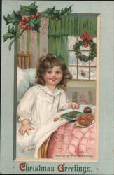 Christmas Greetings Girl in Nightgown in Bed with Holly Wreath Postcard