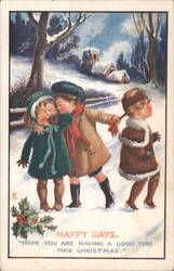 Happy Days: Children in Snowy Christmas Scene, Boy Kisses Girl, Hair Pulling Postcard