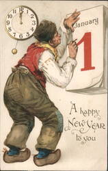 Father Time Figure Changing Calendar to January 1 for New Year Postcard