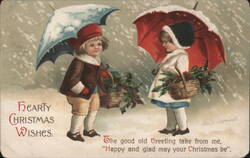 Children with Umbrellas in Snow, Hearty Christmas Wishes by Clapsaddle Postcard