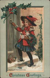 Christmas Greetings Girl with Gifts Knocking on Door by Frances Brundage Postcard