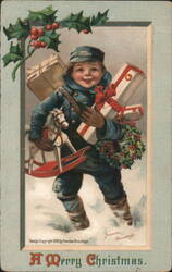 A Merry Christmas" Boy with Rocking Horse and Gifts in Snow by Frances Brundage Postcard