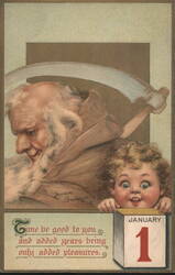 New Year's Day: Father Time and Baby with Calendar Postcard