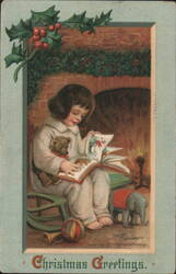 Christmas Greetings Girl Reading by Fireplace with Teddy Bear Postcard