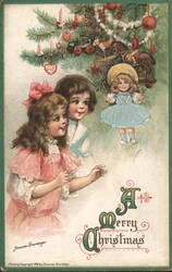 Frances Brundage Girls with Doll and Christmas Tree, A Merry Christmas Postcard