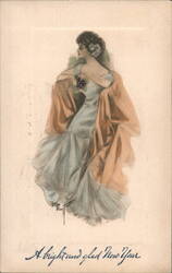 Harrison Fisher Woman in Flowing Dress, A Bright and Glad New Year Postcard