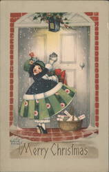Merry Christmas Girl Delivering Mail with Lantern & Basket Postcard