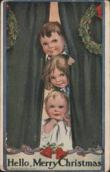 Hello, Merry Christmas Three Children Peeking Through Curtains Postcard